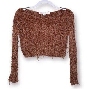 Hyfve Size S Neutral Brown Frayed Fringe Distressed Popcorn Knit Cropped Sweater